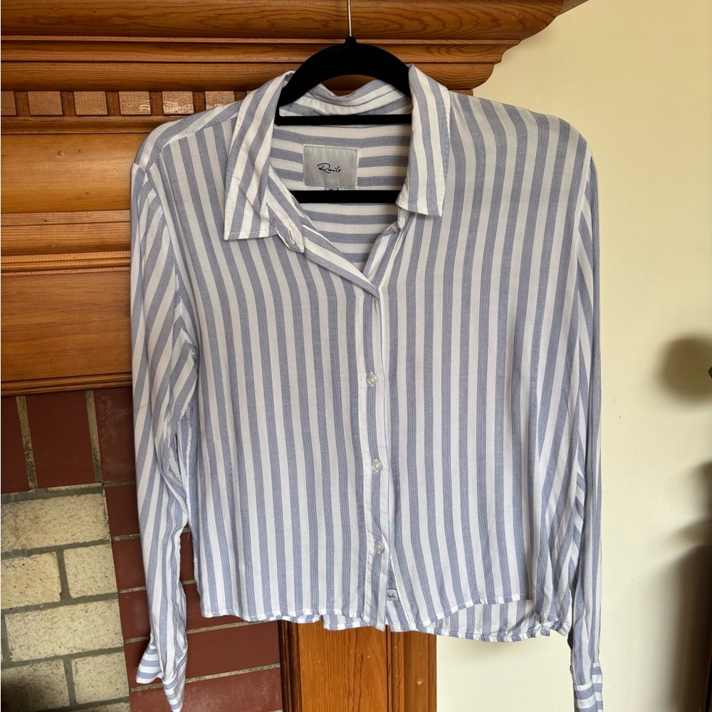 Rails Navy and White Striped Botton Down Cropped Shirt